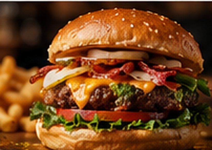 Illustrative cheeseburger and fries