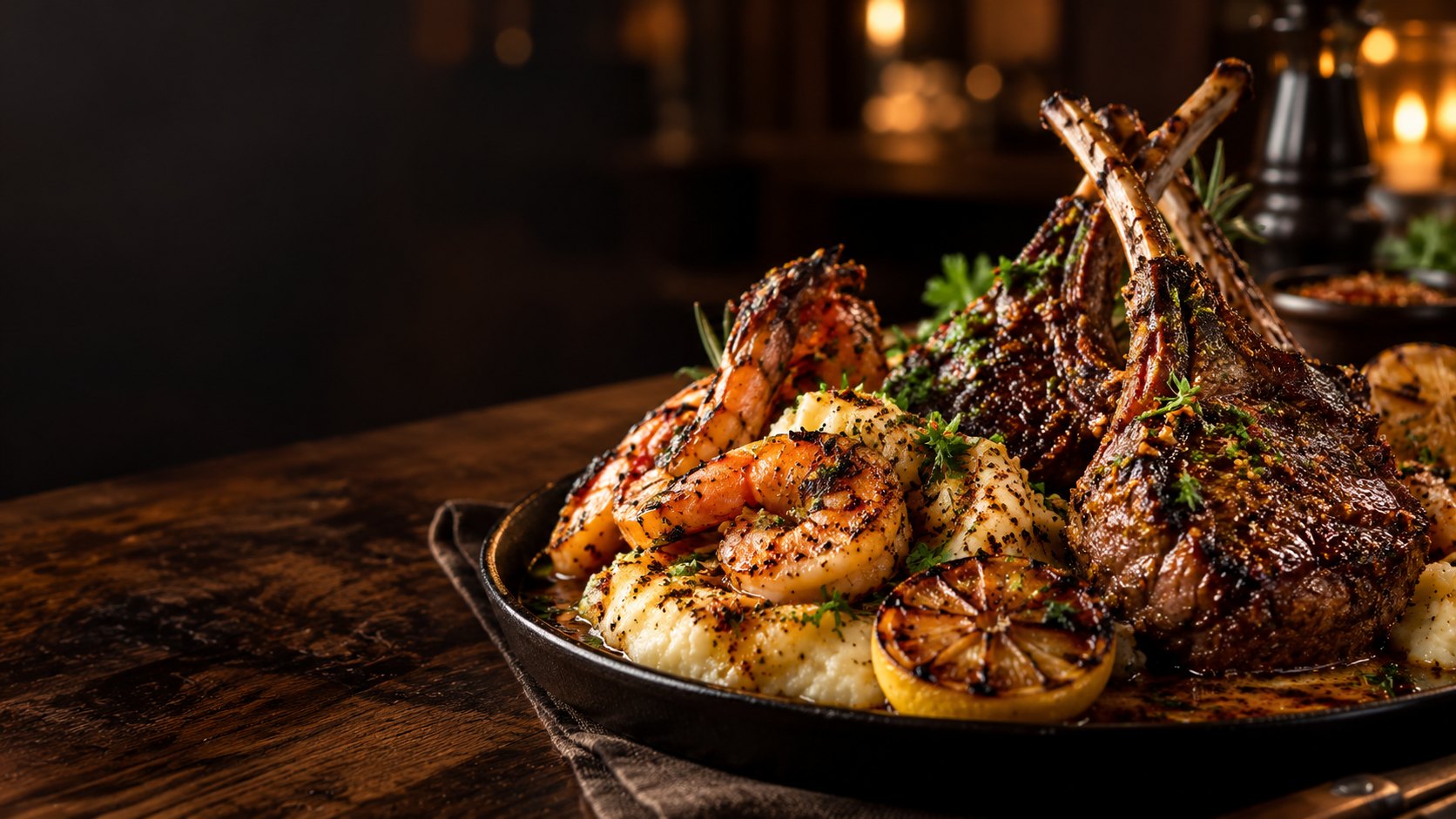 Grilled lamb chops and shrimp with seasoning